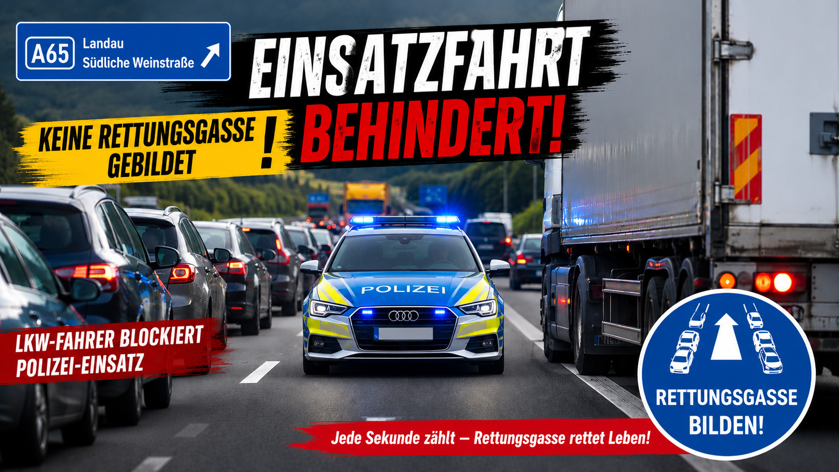 A65 bei Landau: Lkw-Fahrer behindert Polizeieinsatz – Keine Rettungsgasse gebildet