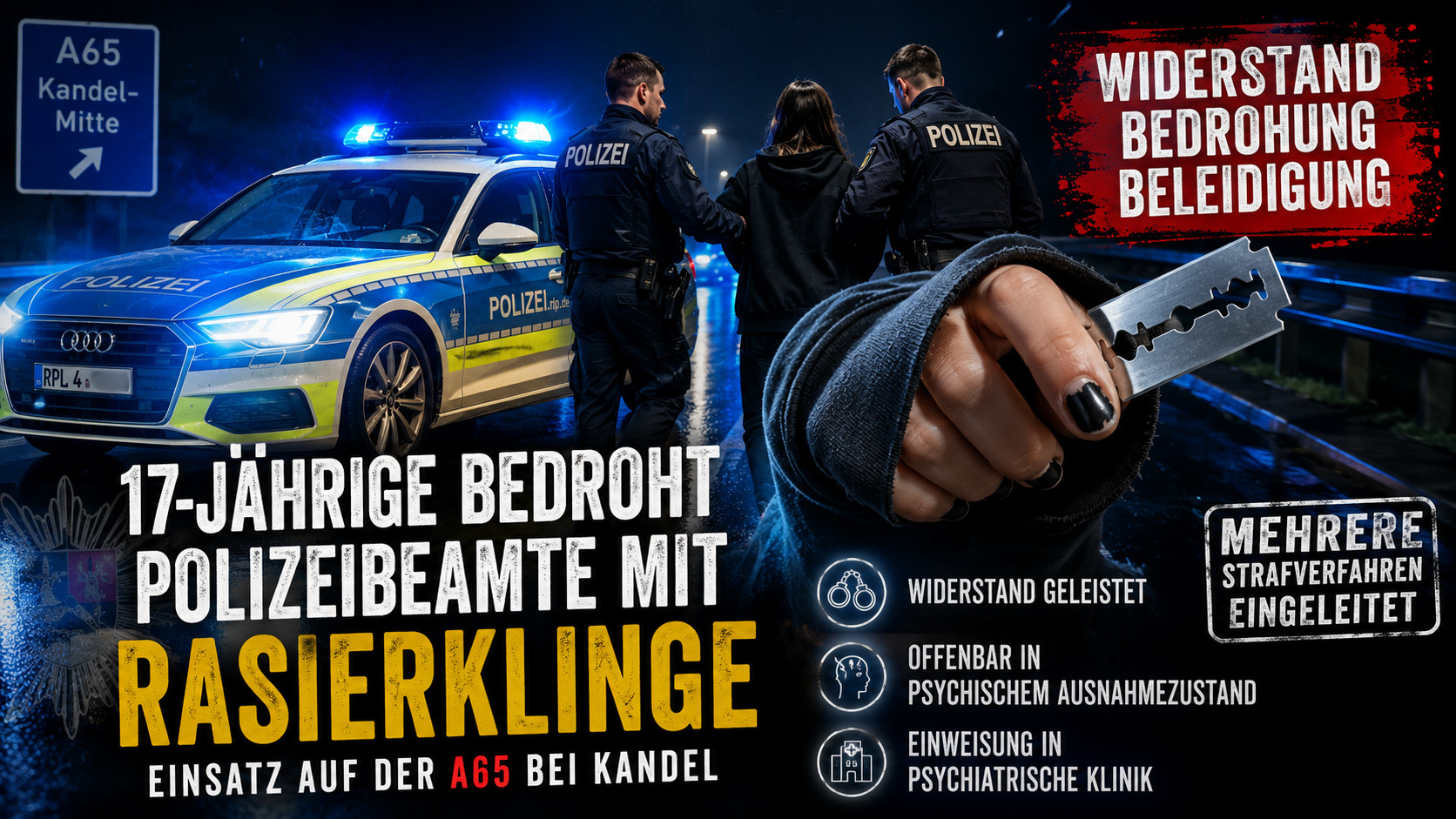 17-Jährige bedroht Polizisten mit Rasierklinge auf der A65 bei Kandel