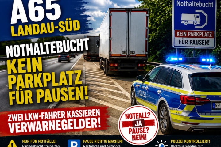 A65 bei Landau-Süd: Zwei Lkw-Fahrer parken für Ruhepause in Nothaltebucht