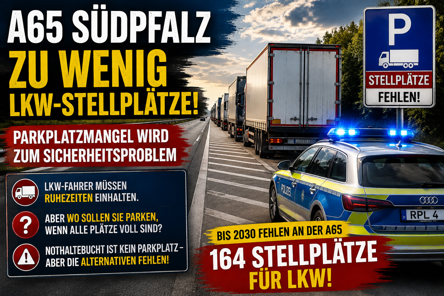 A65 Südpfalz: Lkw-Stellplätze fehlen – Parkplatzmangel wird zum Sicherheitsproblem