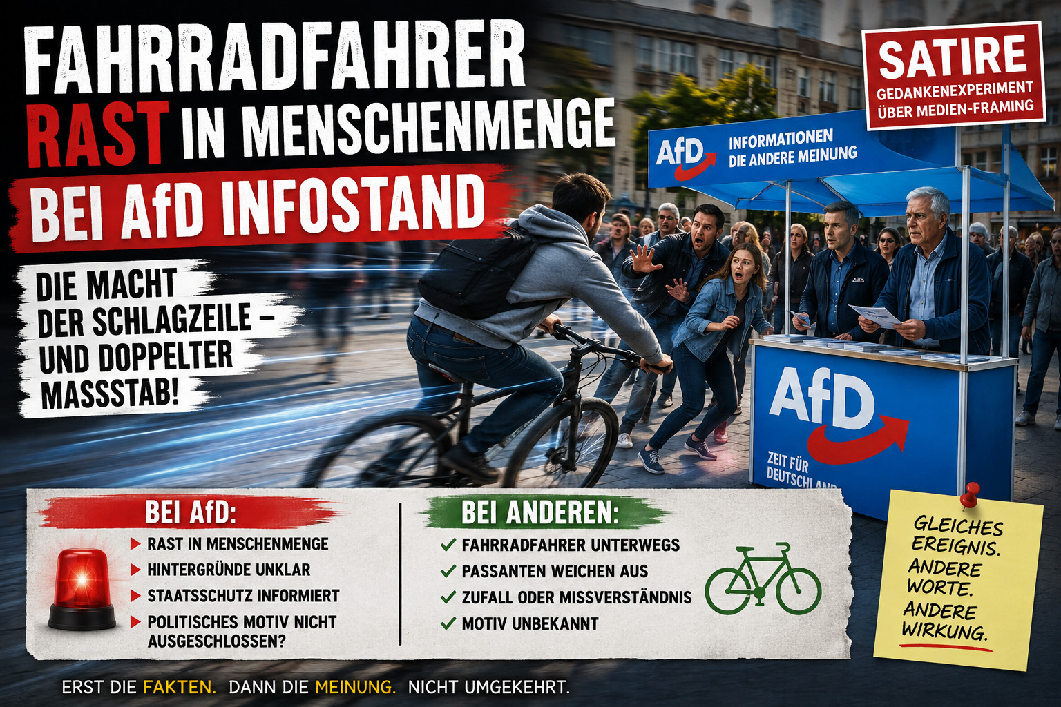 Fahrradfahrer rast in Menschenmenge bei AfD-Infostand