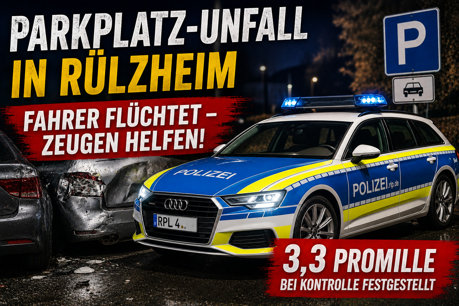 3,3 Promille nach Parkplatz-Unfall in Rülzheim – Fahrer flüchtet und wird ermittelt