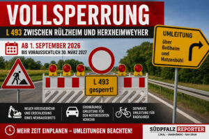 Vollsperrung L 493 zwischen Rülzheim und Herxheimweyher ab 1. September 2026