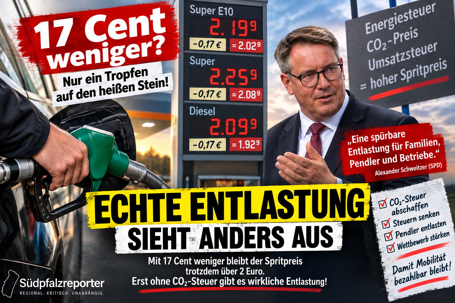 17 Cent weniger – und die SPD feiert: Echte Entlastung an der Tankstelle sieht anders aus