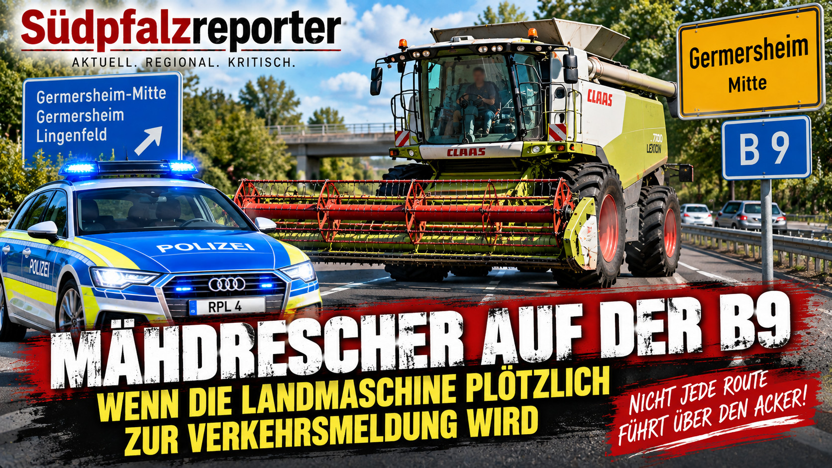 Mähdrescher auf der B9 bei Germersheim: Polizei beendet ungewöhnliche Fahrt
