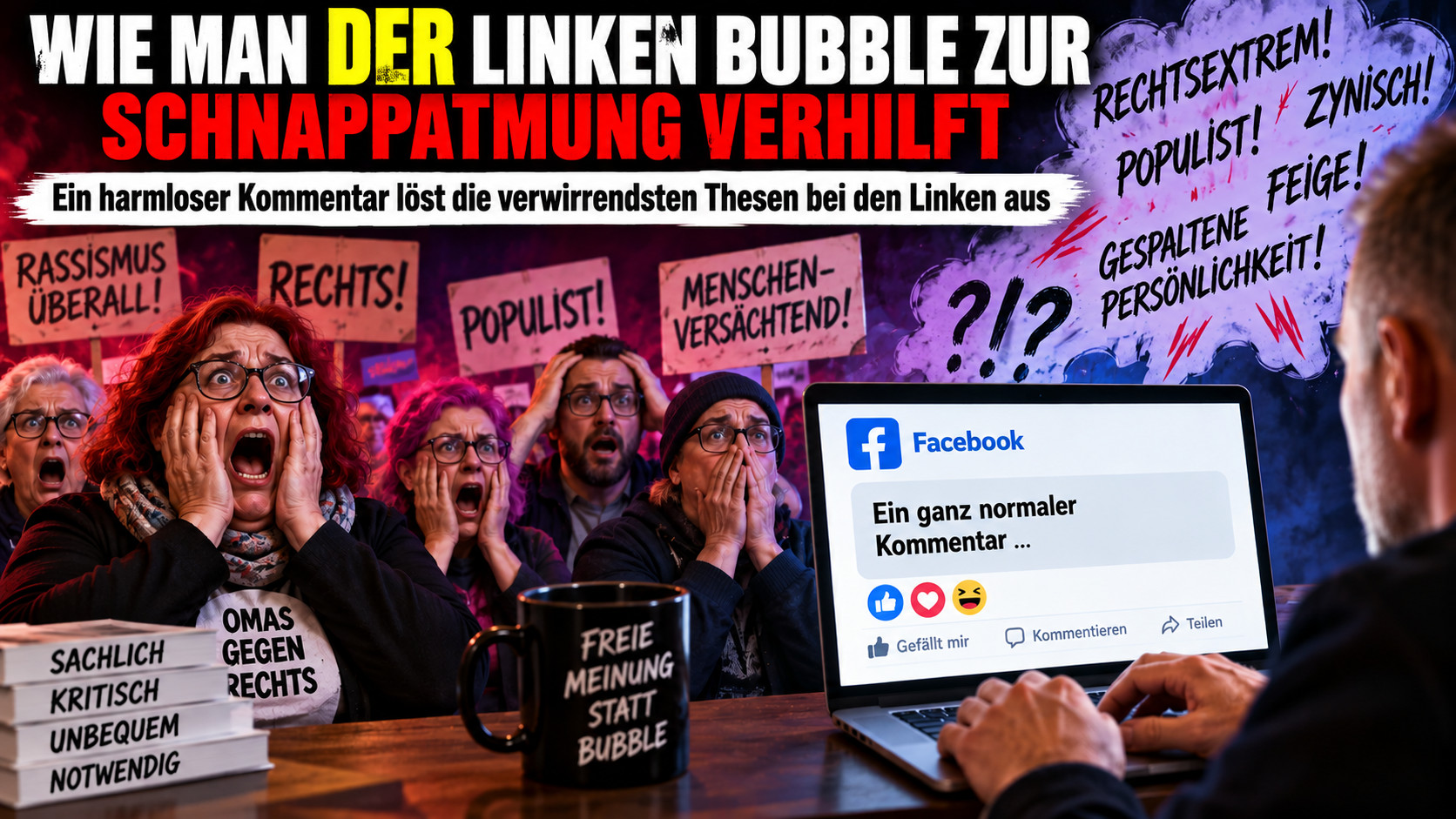Zugespitzte Darstellung einer politischen Facebook-Diskussion mit empörten Reaktionen und persönlichen Angriffen